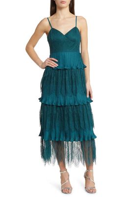 Lulus Tier For The Romance Plissé & Lace Cocktail Dress in Emerald Green