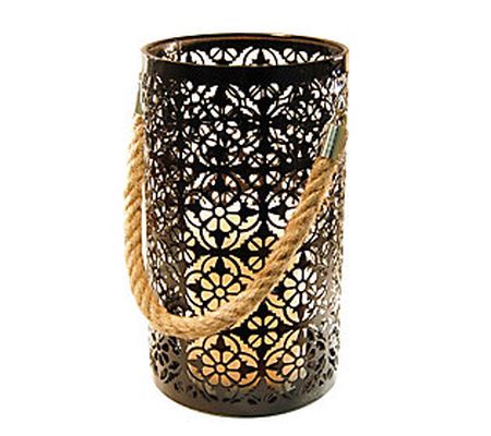 LumaBase Jacquard Metal Lantern with LED Flamel ess Candle