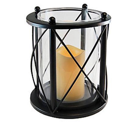 LumaBase Round Black Criss Cross Metal Lantern with LED Candle