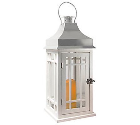 LumaBase White Wood & Chrome Lantern with Flame less Candle