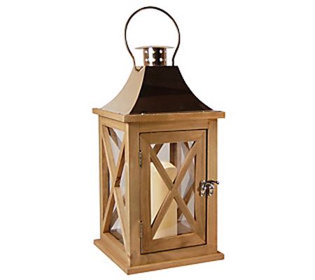 LumaBase Wooden Lantern with Copper Roof and LE D Candle