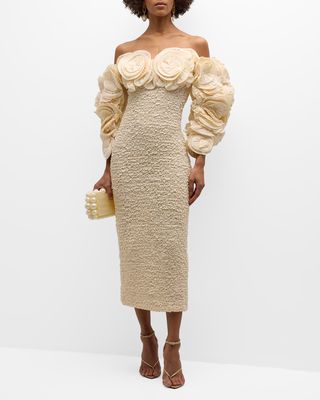 Luna Ruffle-Appliqué Smocked Bodycon Midi Dress