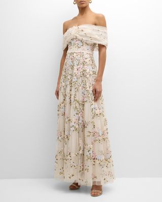 Lunaria Wreath Floral-Embroidered Tulle Gown
