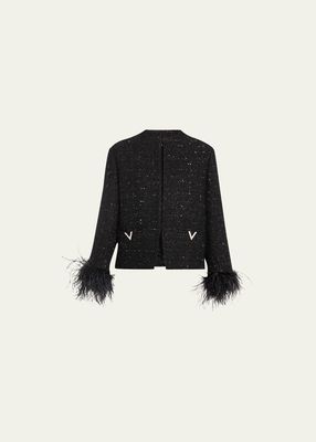 Lurex Tweed Feather Cuff Boxy Blazer