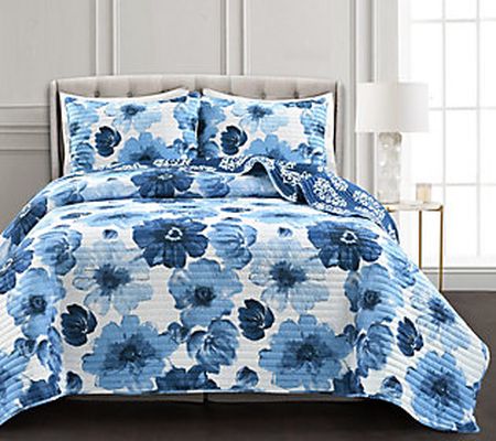 Lush Decor Leah Reversible Quilt Navy/White 3Pc Set FL/QN