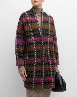 Luxe Houndstooth Jacquard Open-Front Coat