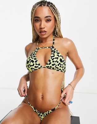 Luxe Palm high neck halterneck bikini top in yellow leopard print