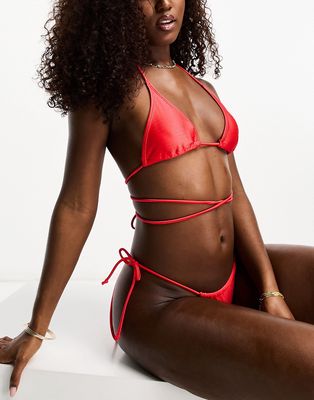 Luxe Palm high shine strappy triangle bikini top in red