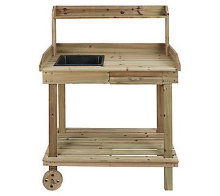 LuxenHome Natural Wood Mobile 1-Drawer 2-Shelf Potting Bench