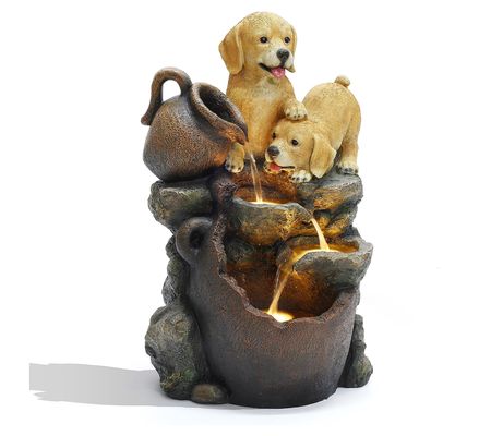 LuxenHome Puppy Friends Farmhouse Resin Outdoor Fountain