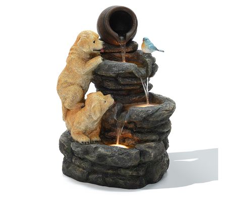 LuxenHome Puppy Rock Tower Farmhouse Resin Outd oor Fountain