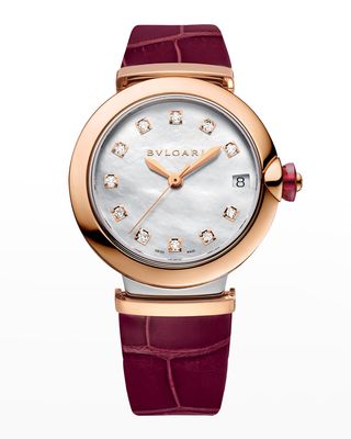 LVCEA 33mm Rose Gold and Stainless Steel Mother-of-Pearl Watch with Diamonds and Red Alligator Strap