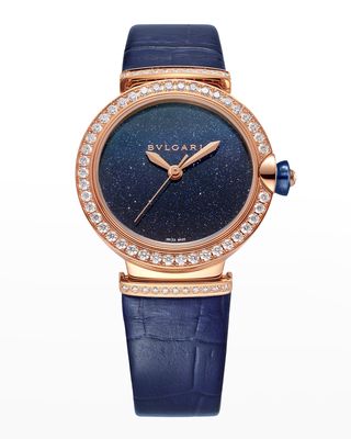 LVCEA 33mm Rose Gold Aventurine Watch with Diamonds and Blue Alligator Strap