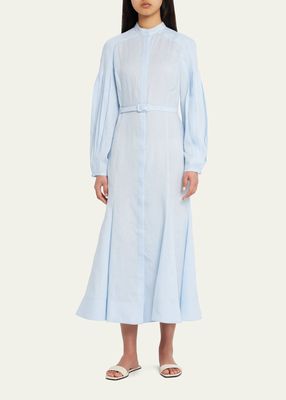 Lydia Pleated-Sleeve Belted Linen Dress