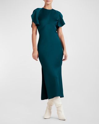 Lyra Petal-Sleeve Satin Midi Dress