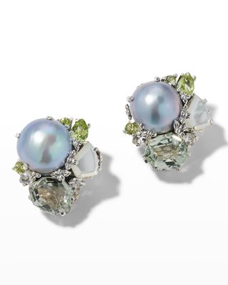 Mabe Pearl and Stone Clip Earrings