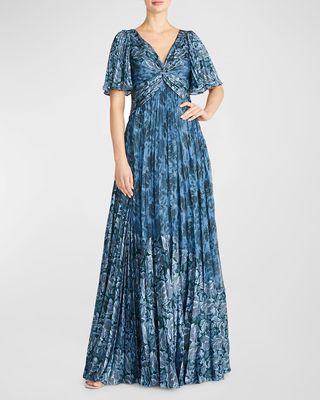 Mabella Pleated Floral-Print Twist-Front Gown