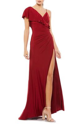 Mac Duggal Asymmetric Ruffle One-Shoulder Jersey Dress in Wine