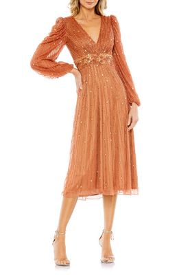 Mac Duggal Bead & Sequin Long Sleeve A-Line Dress in Cognac