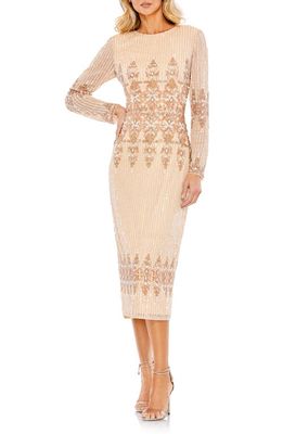 Mac Duggal Bead & Sequin Long Sleeve Sheath Gown in Peach