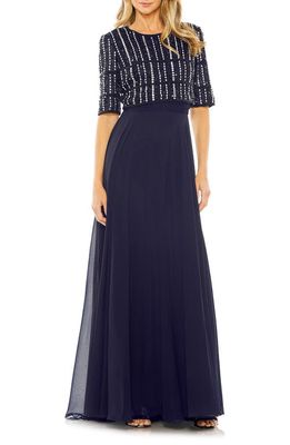 Mac Duggal Beaded Bodice Chiffon A-Line Gown in Midnight 