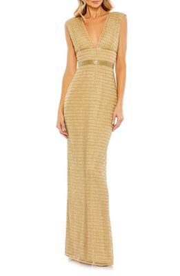 Mac Duggal Beaded Cap Sleeve Column Gown in Gold