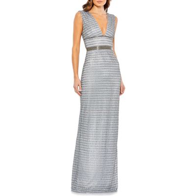 Mac Duggal Beaded Cap Sleeve Column Gown in Silver at Nordstrom, Size 6