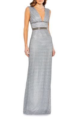 Mac Duggal Beaded Cap Sleeve Column Gown in Silver