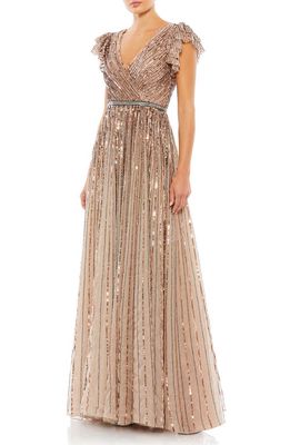 Mac Duggal Beaded Cap Sleeve Tulle A-Line Gown in Copper