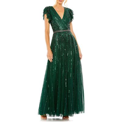 Mac Duggal Beaded Cap Sleeve Tulle A-Line Gown in Deep Green 