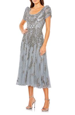 Mac Duggal Beaded Cocktail Midi Dress in Silver 