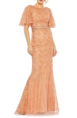 Mac Duggal Beaded Embroidered Flutter Sleeve Trumpet Gown in Cinnamon