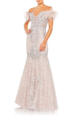 Mac Duggal Beaded Feather Trim Off the Shoulder Mermaid Gown in Lilac