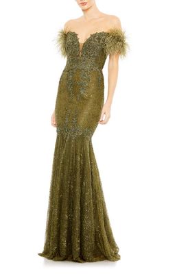 Mac Duggal Beaded Feather Trim Off the Shoulder Mermaid Gown in Olive