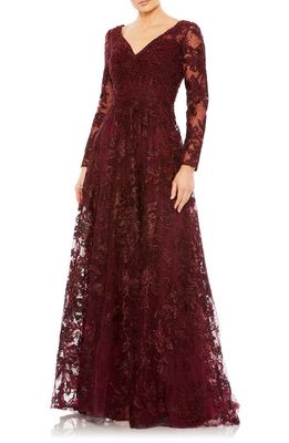 Mac Duggal Beaded Floral Embroidered Long Sleeve A-Line Gown in Mahogany