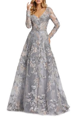 Mac Duggal Beaded Floral Overlay Long Sleeve Tulle A-Line Gown in Grey Multi