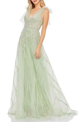 Mac Duggal Beaded Floral Tie Strap Tulle A-Line Gown in Sage