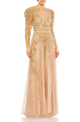 Mac Duggal Beaded Long Sleeve A-Line Gown in Nude Gold