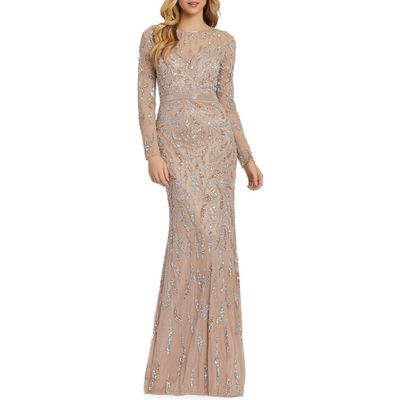 Mac Duggal Beaded Long Sleeve Gown in Mocha at Nordstrom, Size 12