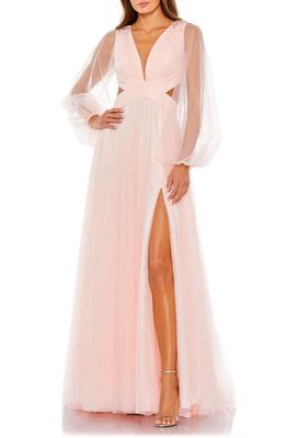 Mac Duggal Beaded Long Sleeve Tulle Gown in Blush