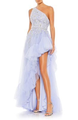 Mac Duggal Beaded One-Shoulder High-Low Tulle Gown in Periwinkle