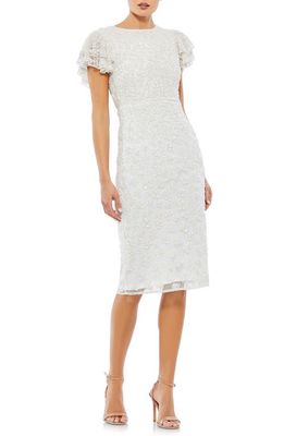 Mac Duggal Beaded Ruffle Sleeve Midi Sheath Cocktail Dress in White