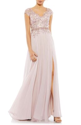 Mac Duggal Beaded Sequin Cap Sleeve Mesh & Chiffon A-Line Gown in Rose