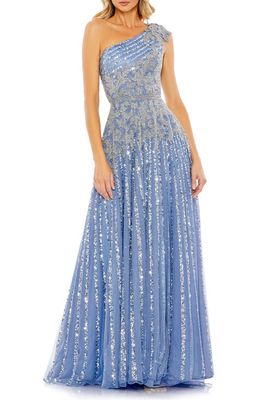 Mac Duggal Beaded Sequin One-Shoulder A-Line Gown in Slate Blue