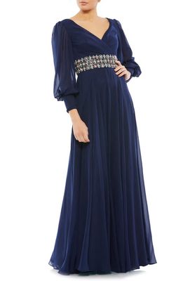 Mac Duggal Belted Long Sleeve A-Line Gown in Midnight