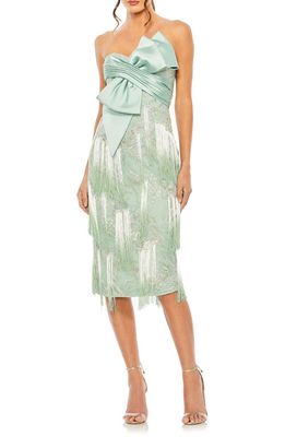 Mac Duggal Bow Front Strapless Fringe Midi Dress in Sage