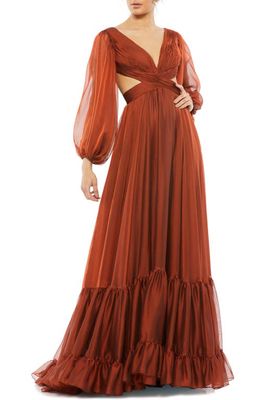 Mac Duggal Cutout Long Sleeve A-Line Chiffon Gown in Copper