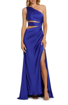 Mac Duggal Cutout One-Shoulder Satin Gown in Cobalt