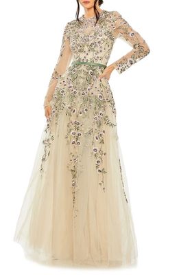 Mac Duggal Embellished Floral Long Sleeve Gown in Sage Multi