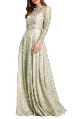 Mac Duggal Embellished Floral Long Sleeve Lace Gown in Sage